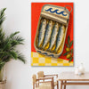 Golden Sardine Tin stretched canvas displayed in a room is a colourful and stylish canvas wall art and print suited for the kitchen area