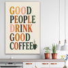 Good People Brew stretched canvas displayed in a room is a colourful and stylish canvas wall art and print suited for the kitchen area