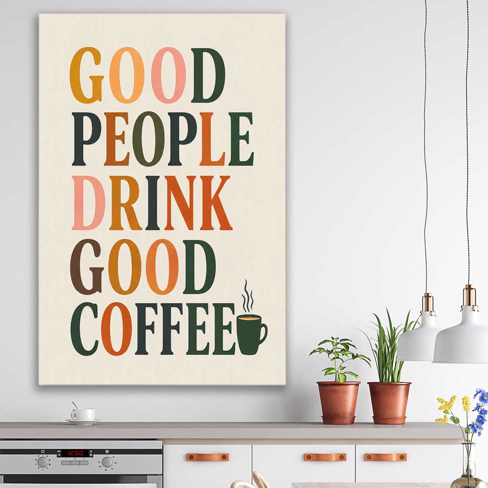 Good People Brew stretched canvas displayed in a room is a colourful and stylish canvas wall art and print suited for the kitchen area