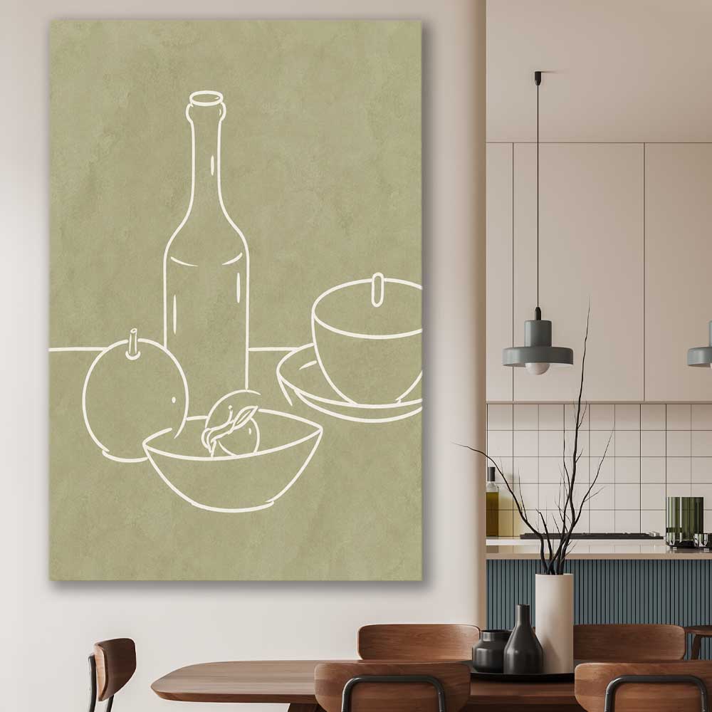 Green Bottle stretched canvas displayed in a room is a colourful and stylish canvas wall art and print suited for the kitchen area