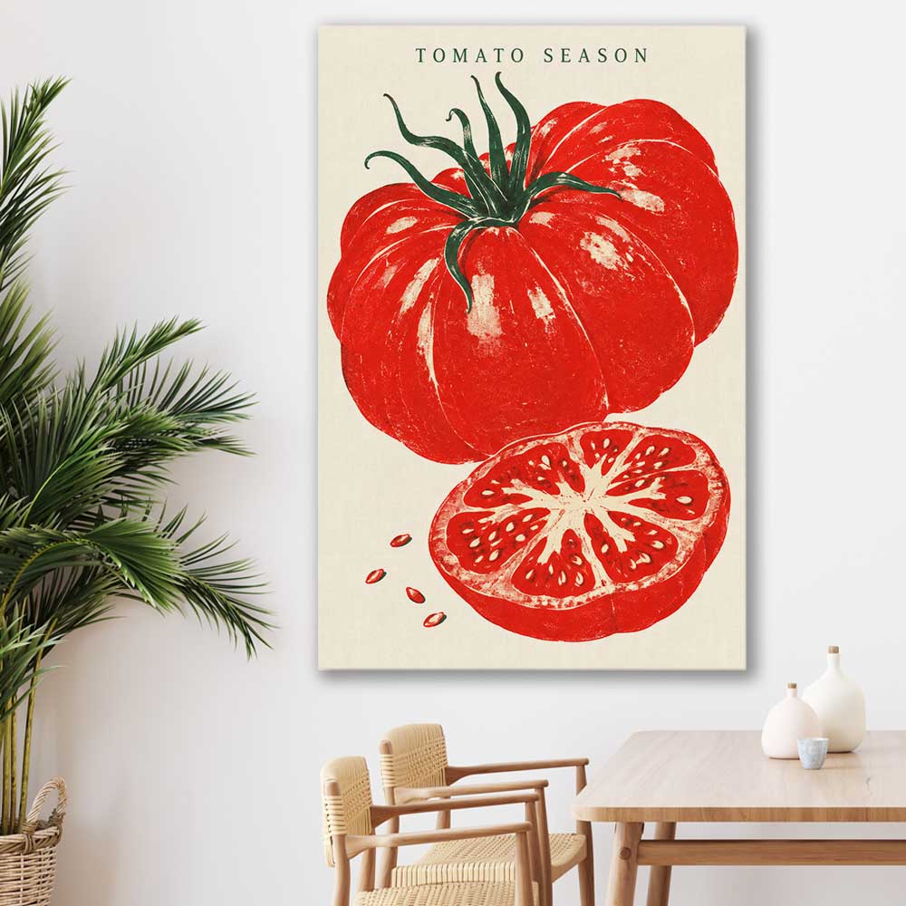 Heirloom Tomato Season stretched canvas displayed in a room is a colourful and stylish canvas wall art and print suited for the kitchen area
