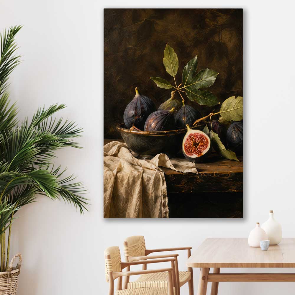 Midnight Harvest stretched canvas displayed in a room is a colourful and stylish canvas wall art and print suited for the kitchen area