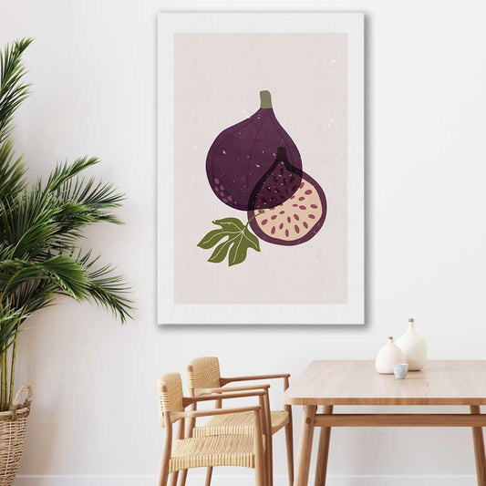 Purple Fig stretched canvas displayed in a room is a colourful and stylish canvas wall art and print suited for the kitchen area
