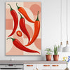 Scarlet Chilli Rhythm stretched canvas displayed in a room is a colourful and stylish canvas wall art and print suited for the kitchen area