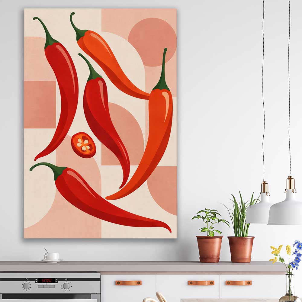 Scarlet Chilli Rhythm stretched canvas displayed in a room is a colourful and stylish canvas wall art and print suited for the kitchen area