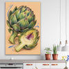 Sculptural Artichokes stretched canvas displayed in a room is a colourful and stylish canvas wall art and print suited for the kitchen area