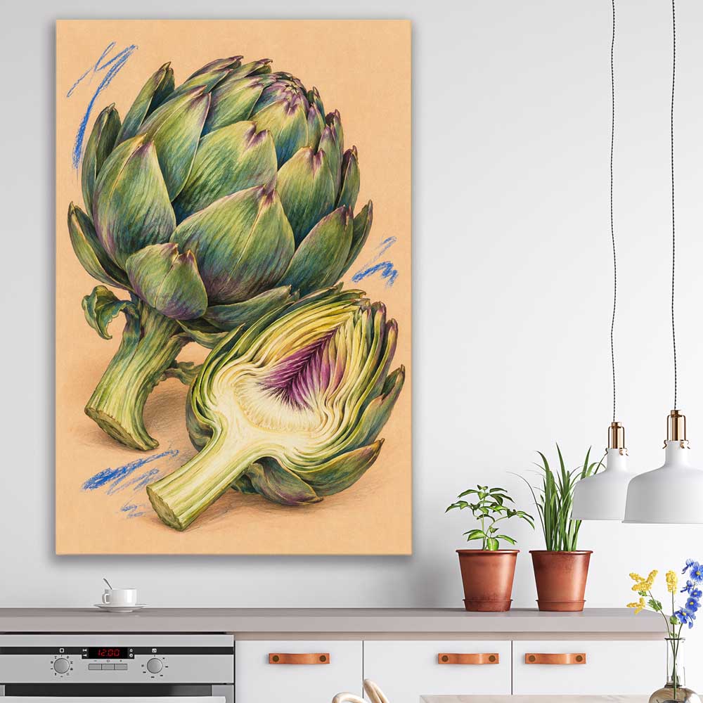 Sculptural Artichokes stretched canvas displayed in a room is a colourful and stylish canvas wall art and print suited for the kitchen area