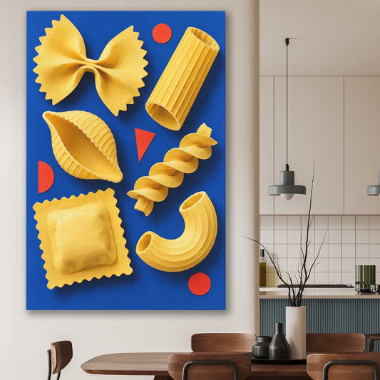 Sculptural Pasta stretched canvas displayed in a room is a colourful and stylish canvas wall art and print suited for the kitchen area