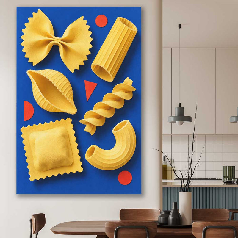 Sculptural Pasta stretched canvas displayed in a room is a colourful and stylish canvas wall art and print suited for the kitchen areacanvas in a styled room