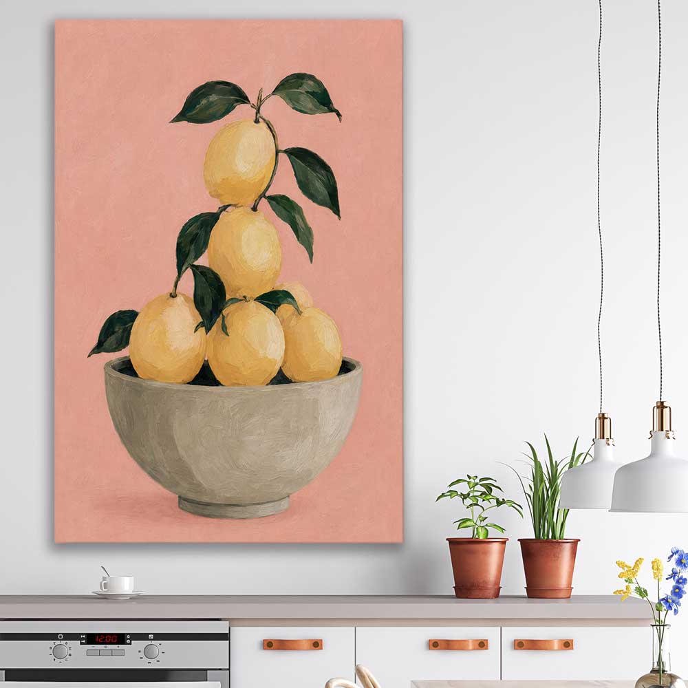 Sicilian Lemons stretched canvas displayed in a room is a colourful and stylish canvas wall art and print suited for the kitchen area