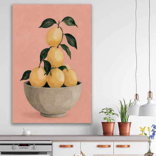 Sicilian Lemons stretched canvas displayed in a room is a colourful and stylish canvas wall art and print suited for the kitchen area