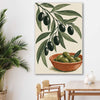 Terracotta Olive Branch stretched canvas displayed in a room is a colourful and stylish canvas wall art and print suited for the kitchen area