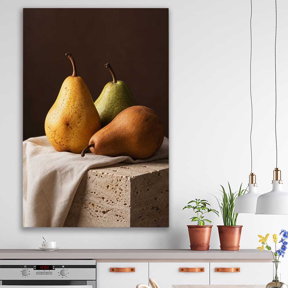 Three Pears stretched canvas displayed in a room is a colourful and stylish canvas wall art and print suited for the kitchen area