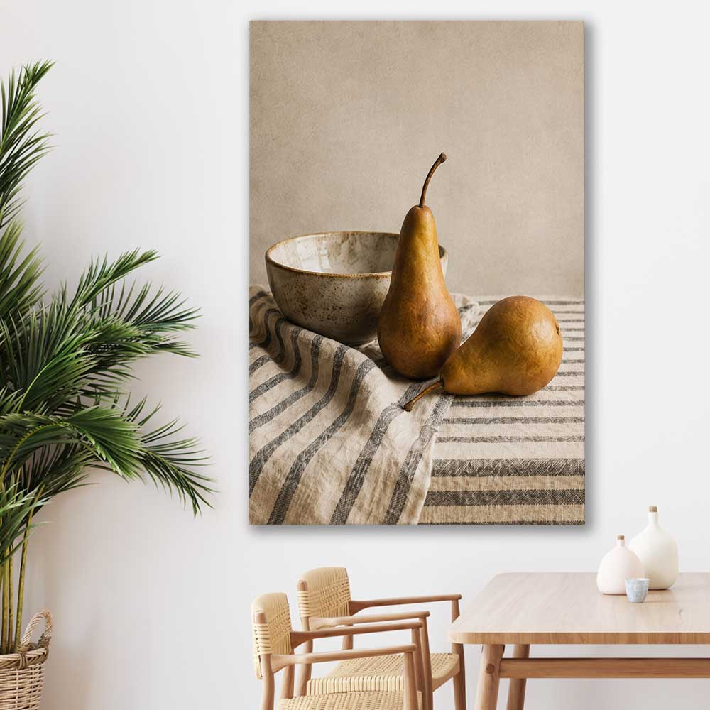Tuscan Pears stretched canvas displayed in a room is a colourful and stylish canvas wall art and print suited for the kitchen area
