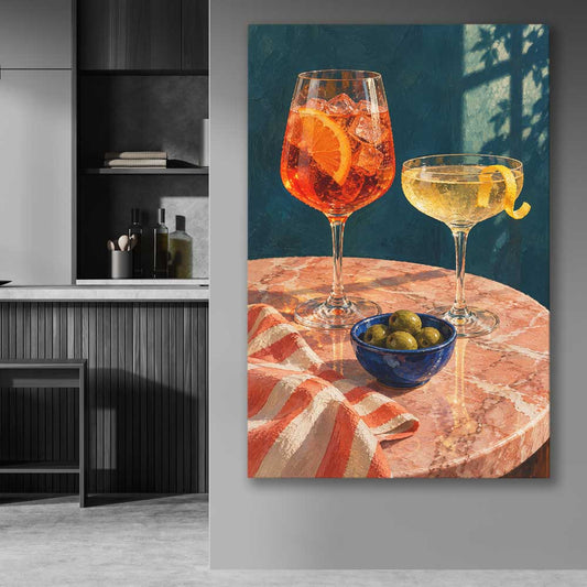 Twilight Aperitivo stretched canvas displayed in a room is a colourful and stylish canvas wall art and print suited for the kitchen area