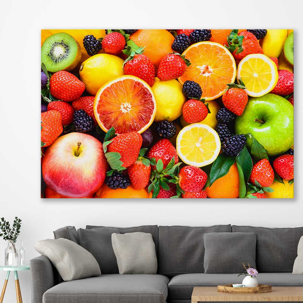 Vibrant Fruit Medley stretched canvas displayed in a room is a colourful and stylish canvas wall art and print suited for the kitchen area