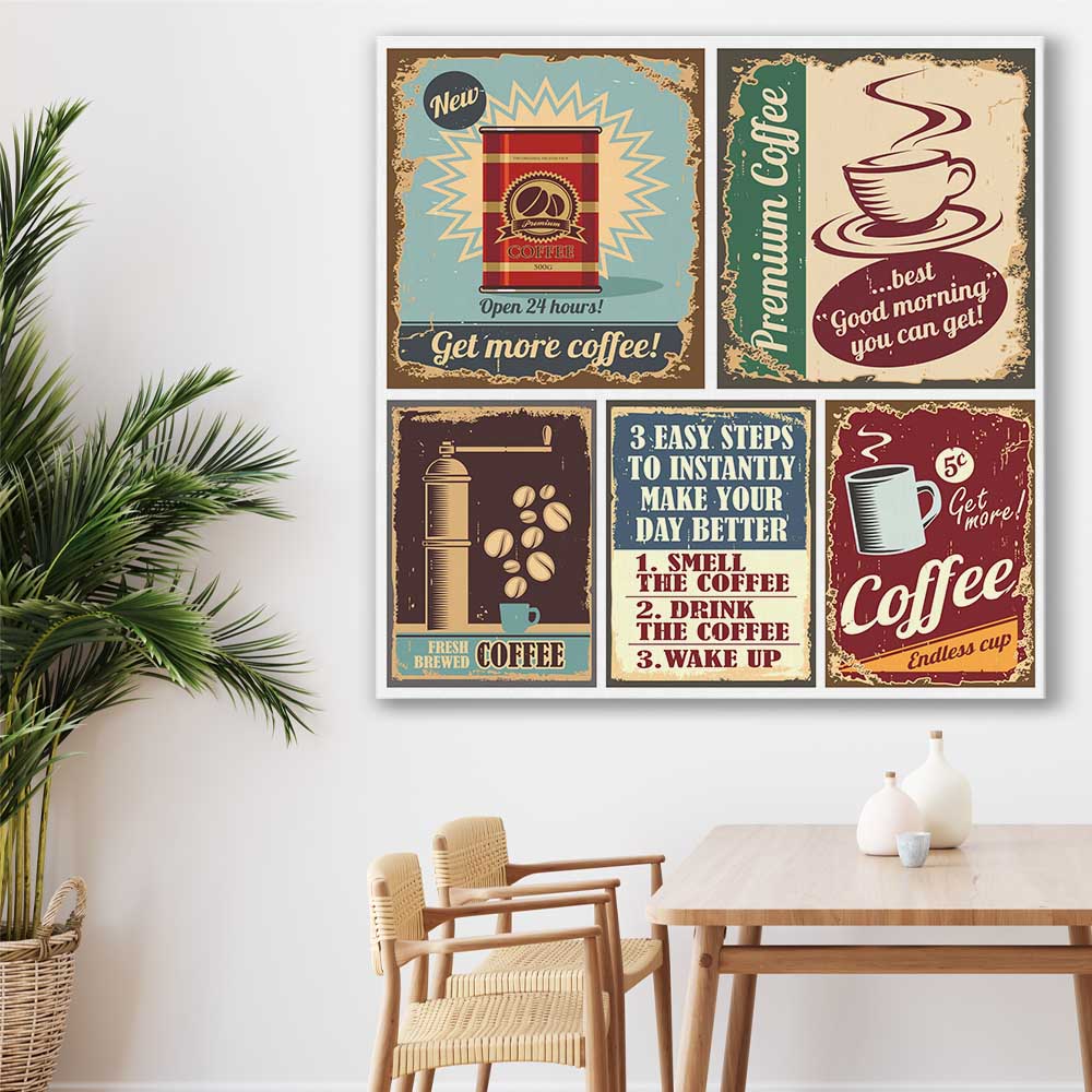 Vintage Coffee Collection stretched canvas displayed in a room is a colourful and stylish canvas wall art and print suited for the kitchen area