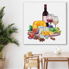 Wine and Cheese Feast stretched canvas displayed in a room is a colourful and stylish canvas wall art and print suited for the kitchen area