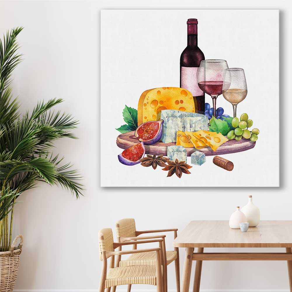 Wine and Cheese Feast stretched canvas displayed in a room is a colourful and stylish canvas wall art and print suited for the kitchen area