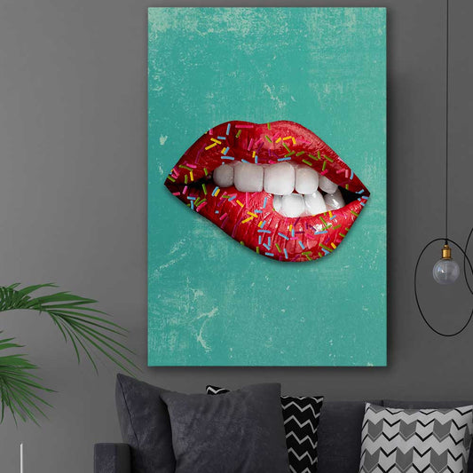 Candy Pop stretched canvas displayed in a room - part of our high quality canvas lips wall art collection