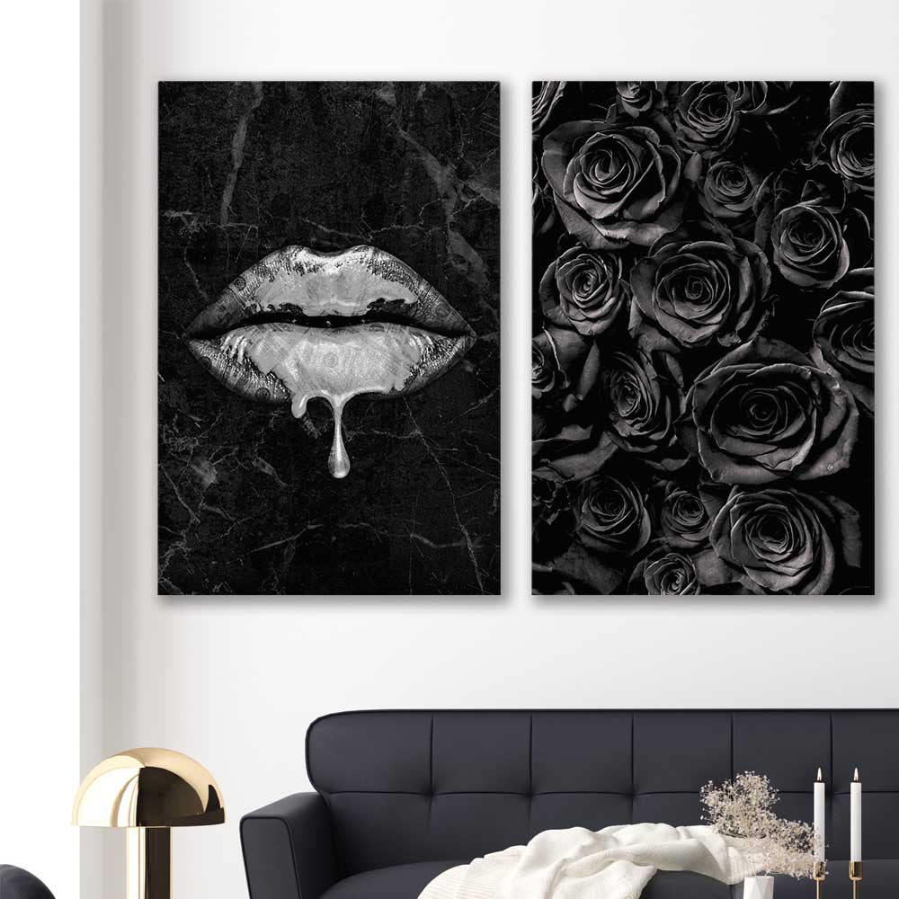 Darkened Lust Pair stretched canvas displayed in a room - part of our high quality canvas lips wall art collection