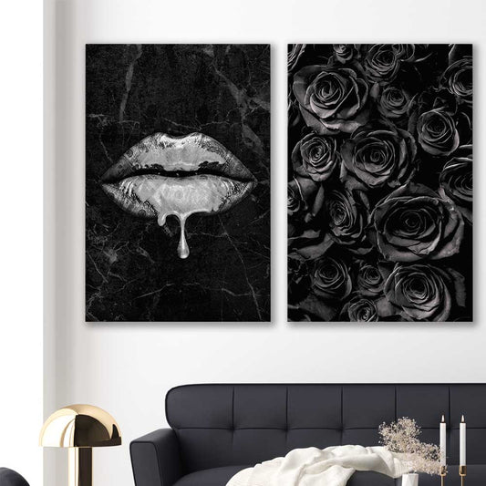 Darkened Lust Pair stretched canvas displayed in a room - part of our high quality canvas lips wall art collection