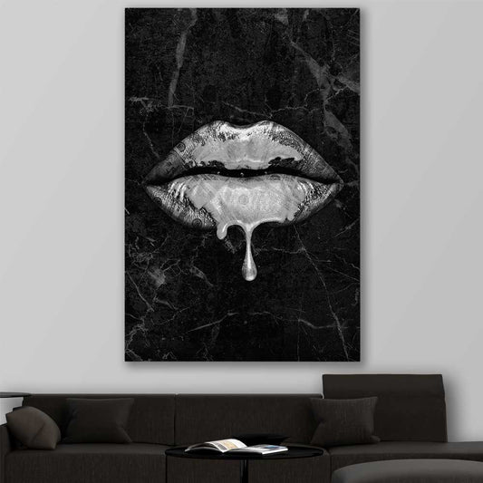 Darkened Lust stretched canvas displayed in a room - part of our high quality canvas lips wall art collection