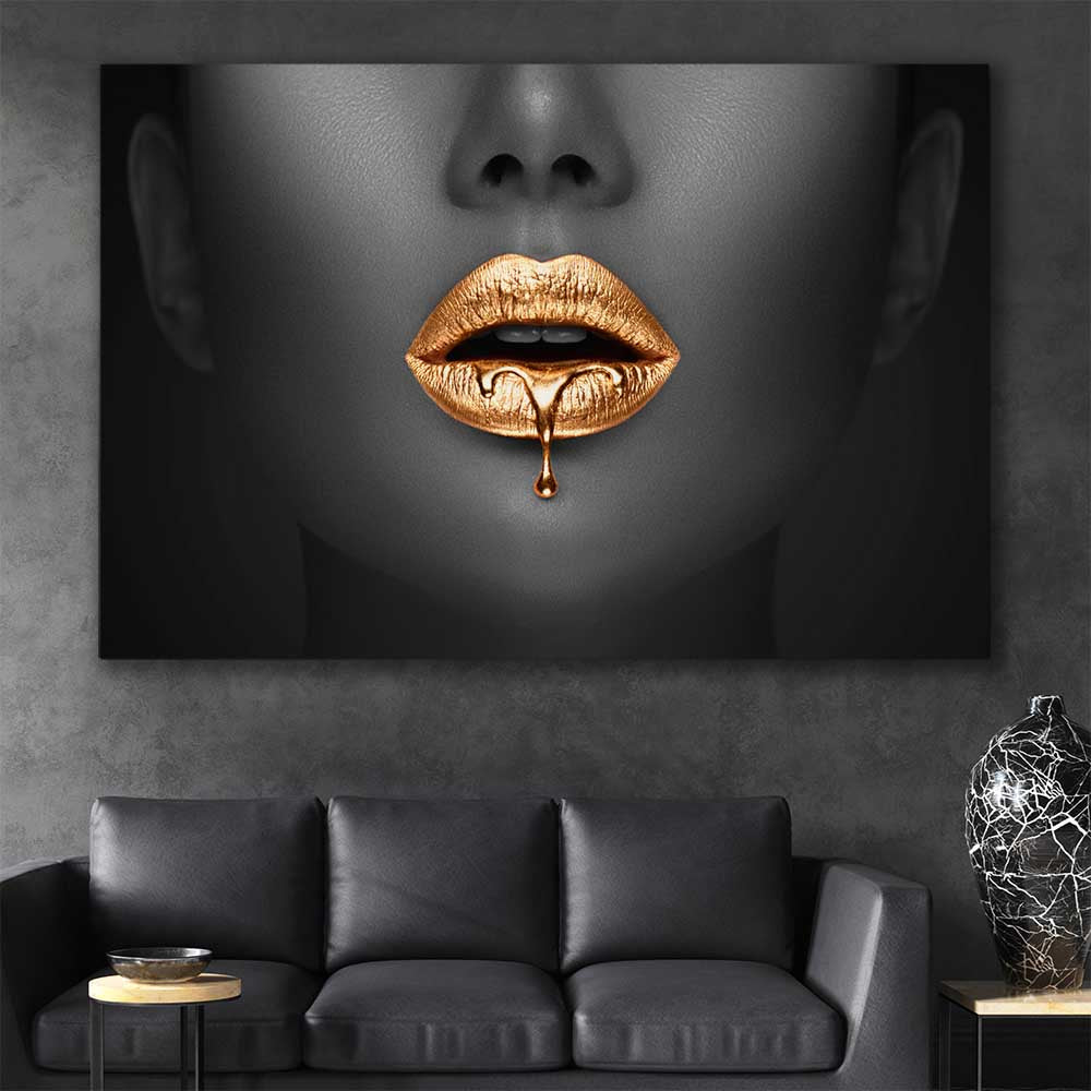 Dripping Elegance stretched canvas displayed in a room - part of our high quality canvas lips wall art collection
