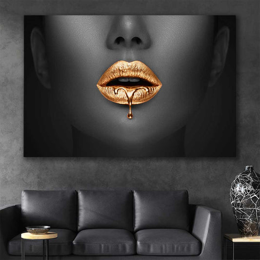 Dripping Elegance stretched canvas displayed in a room - part of our high quality canvas lips wall art collection