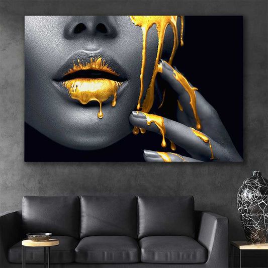 Golden Desire stretched canvas displayed in a room - part of our high quality canvas lips wall art collection