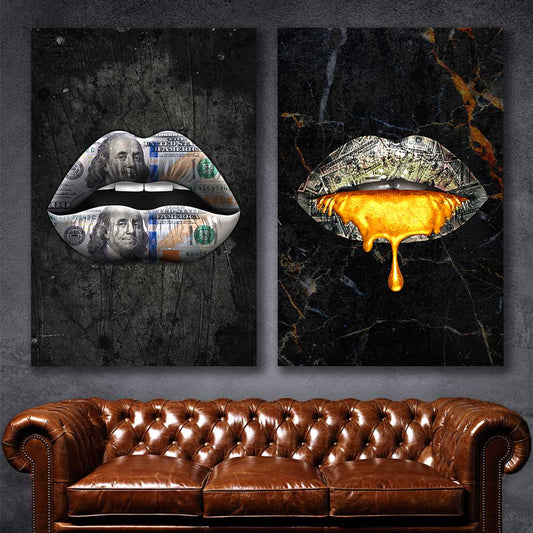 Money Lips Pair stretched canvas displayed in a room - part of our high quality canvas lips wall art collection