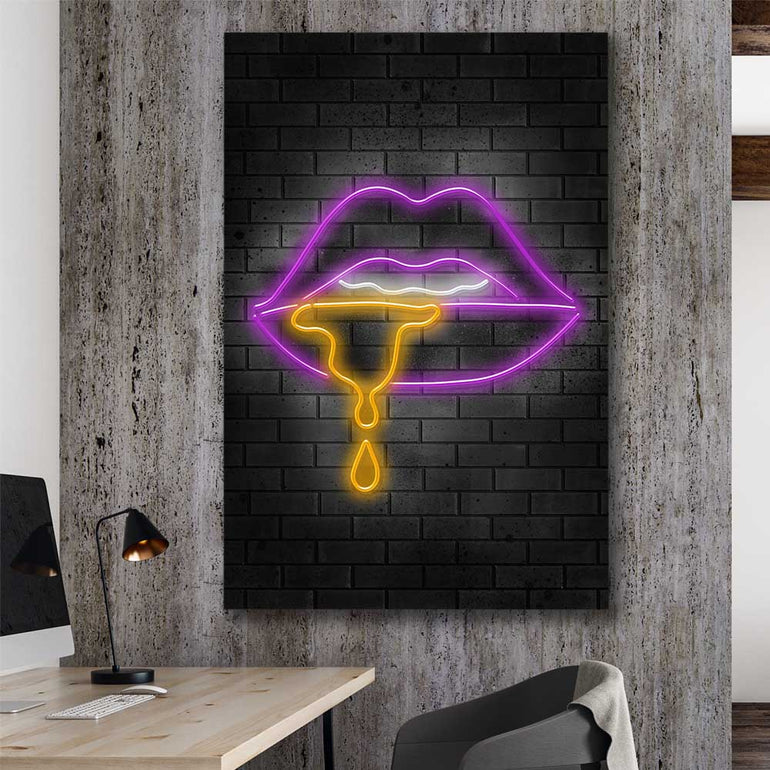 Neon Lips stretched canvas displayed in a room - part of our high quality canvas lips wall art collection