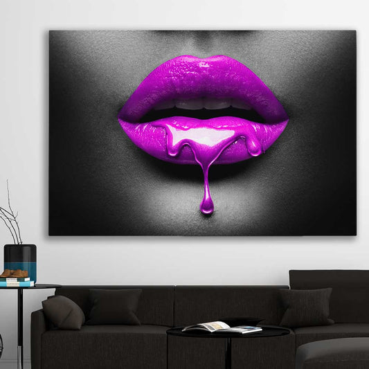 Purple Lust stretched canvas displayed in a room - part of our high quality canvas lips wall art collection