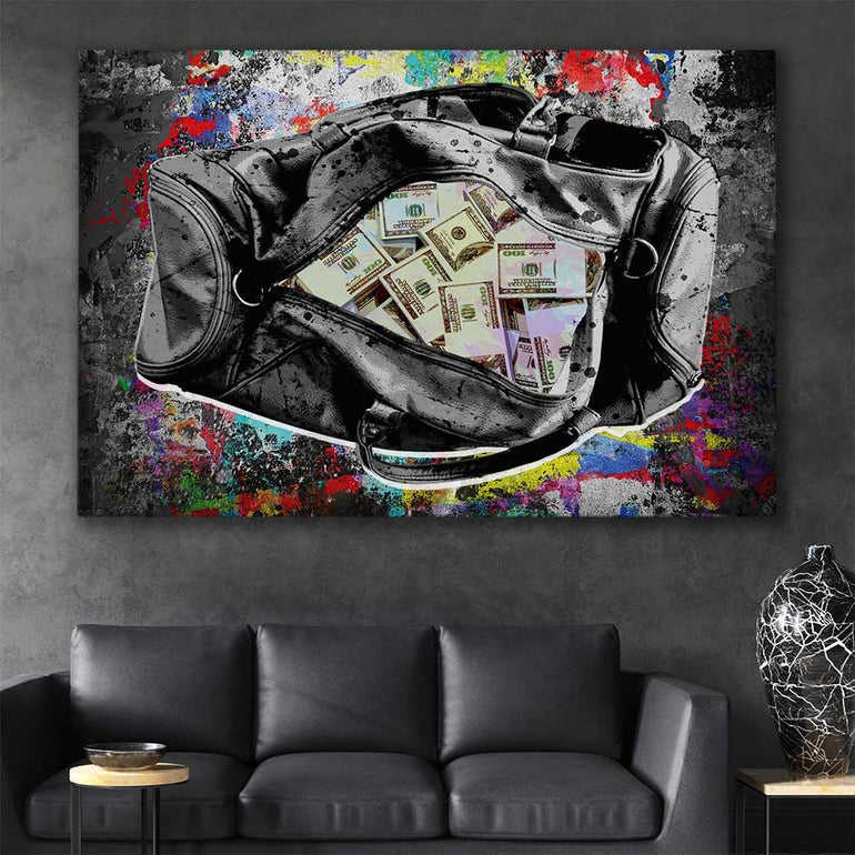 Money wall art print of Cash Duffel on a stretched canvas displayed in a room