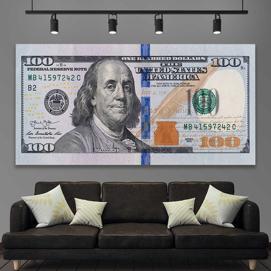 Money wall art print of Dollar Note on a stretched canvas displayed in a room