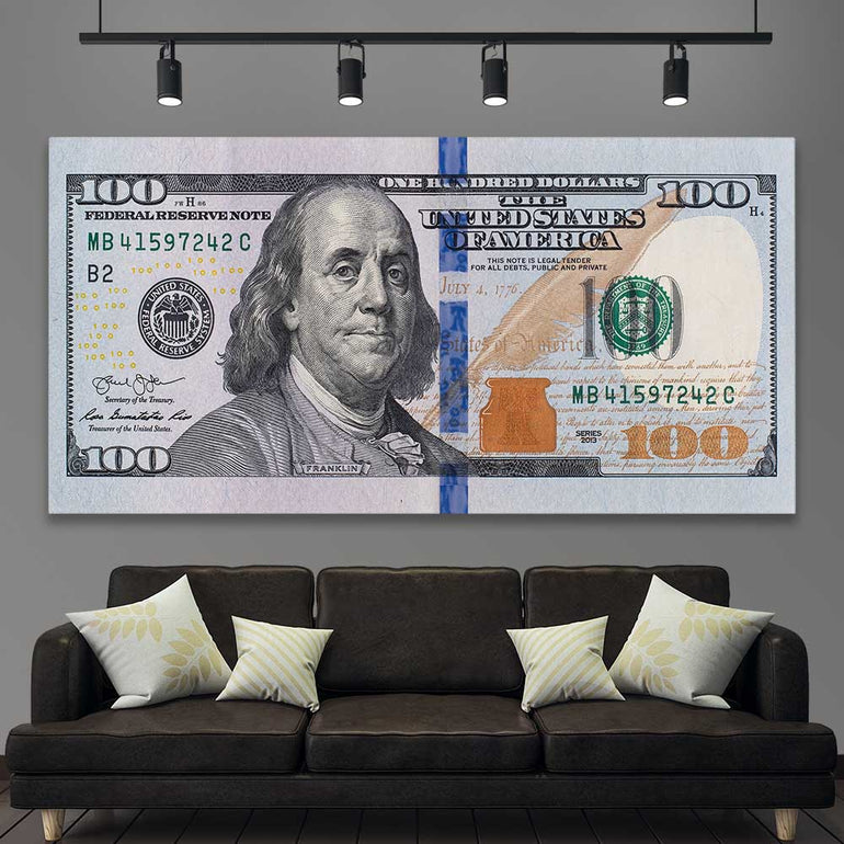 Money wall art print of Dollar Note on a stretched canvas displayed in a room