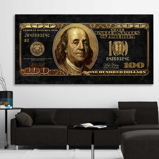 Money wall art print of Golden Bill on a stretched canvas displayed in a room