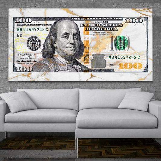 Money wall art print of Marble Bill on a stretched canvas displayed in a room