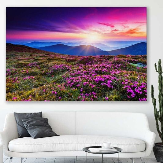 Floral print of Carpathian Mountain Bloom on a stretched canvas displayed in a room