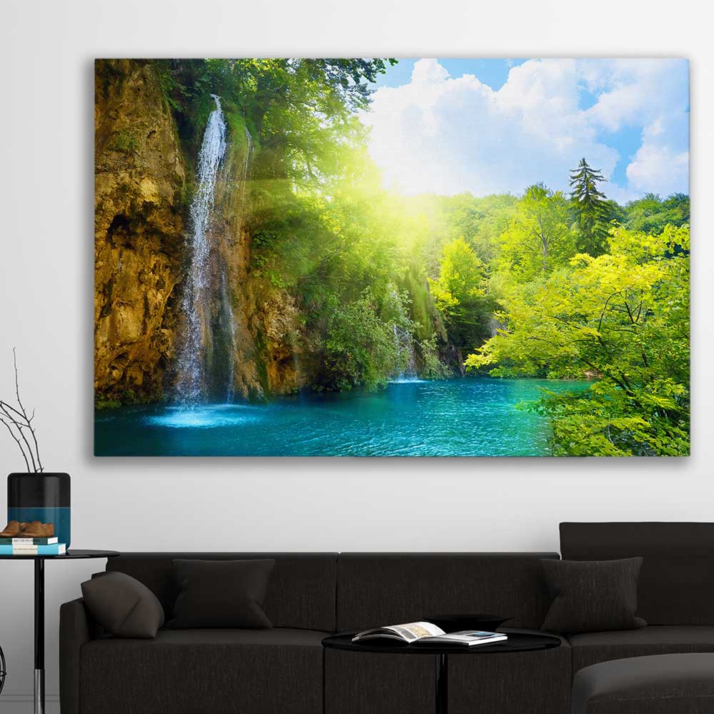 Floral print of Emerald Forest River on a stretched canvas displayed in a room