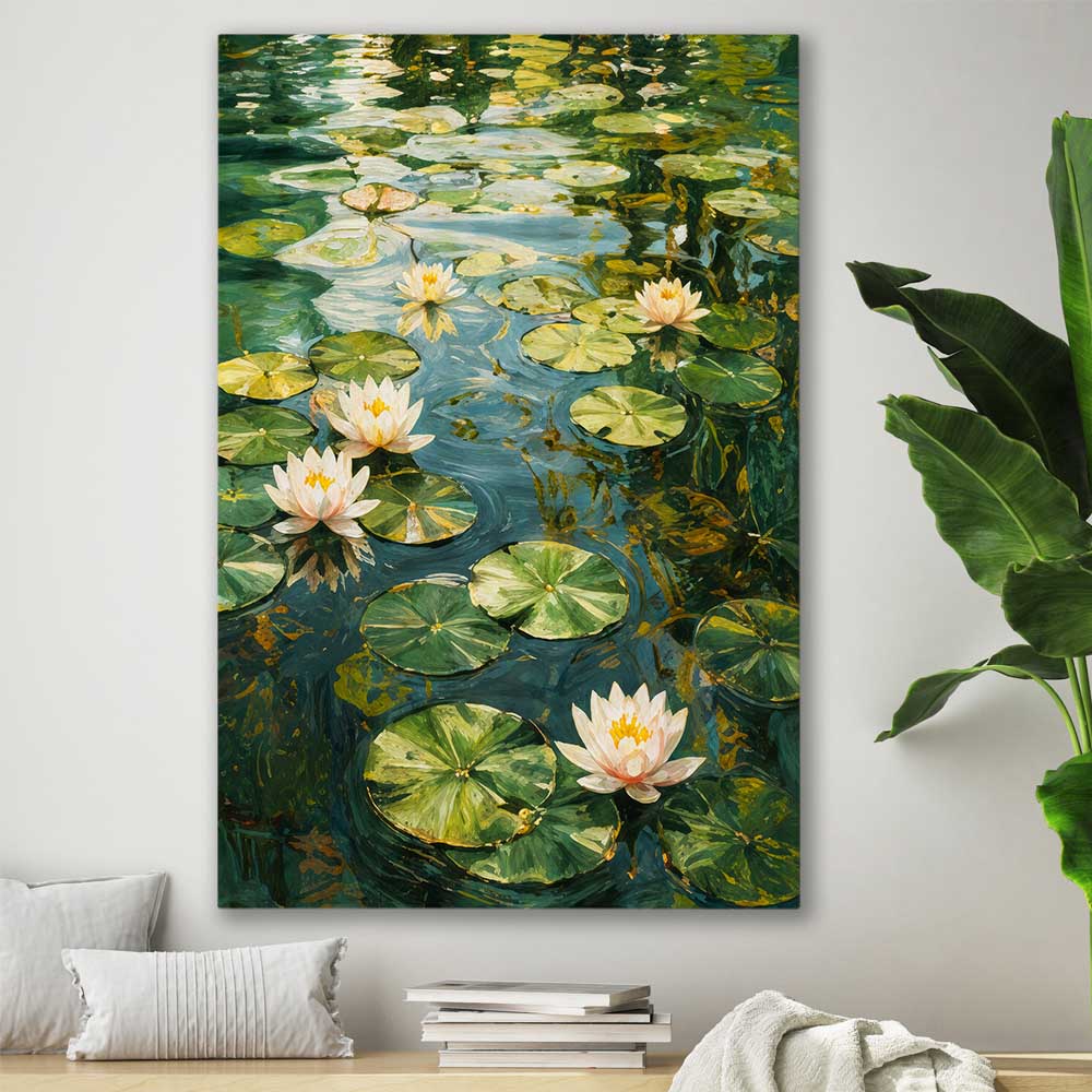 Floral print of Emerald Reverie on a stretched canvas displayed in a room
