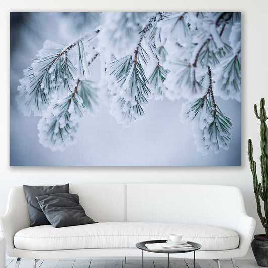 Floral print of Frosted Pine Canopy on a stretched canvas displayed in a room