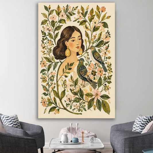 Floral print of Garden Muse on a stretched canvas displayed in a room