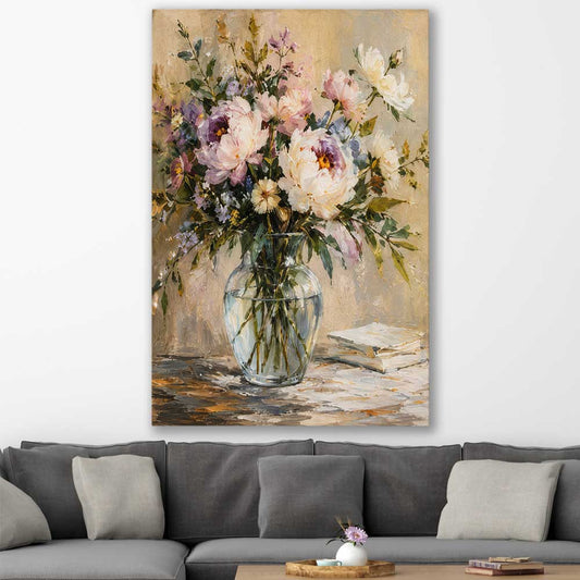 Floral print of Garden Peony on a stretched canvas displayed in a room