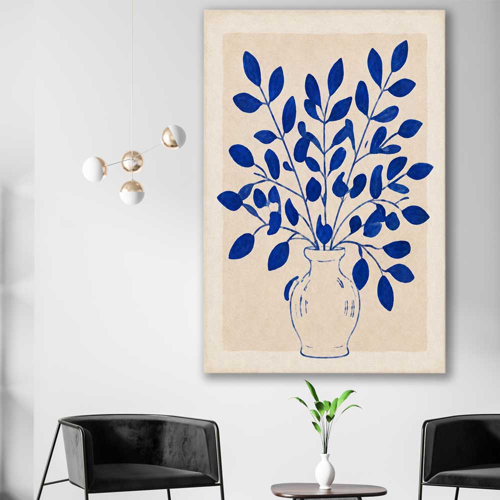 Floral print of Indigo Botanica on a stretched canvas displayed in a room