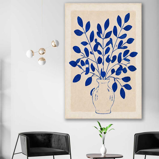 Floral print of Indigo Botanica on a stretched canvas displayed in a room