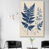 Floral print of Indigo Fern on a stretched canvas displayed in a room