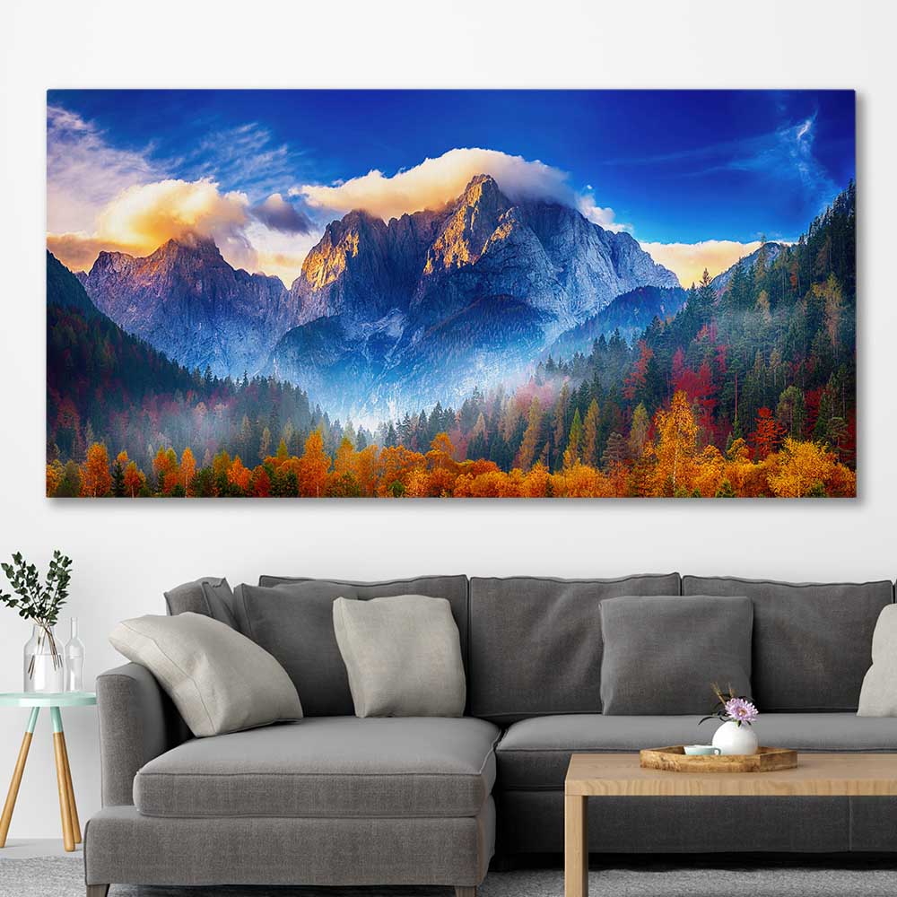Floral print of Julian Alps Triglav Peak on a stretched canvas displayed in a room