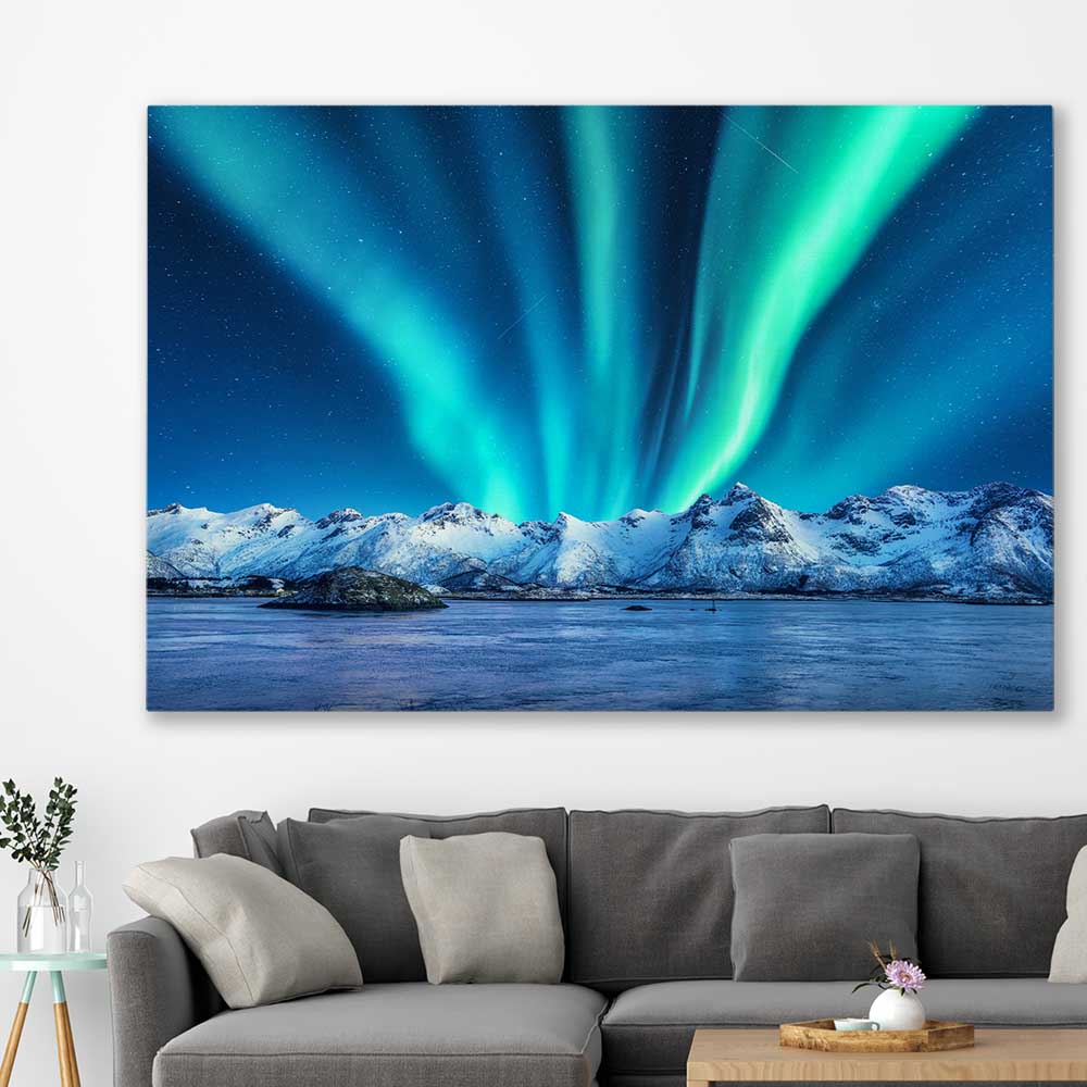 Floral print of Lofoten Aurora Norway on a stretched canvas displayed in a room