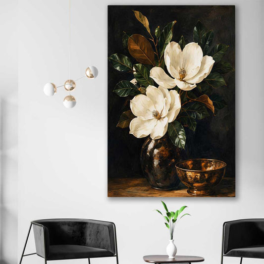 Floral print of Midnight Magnolia on a stretched canvas displayed in a room